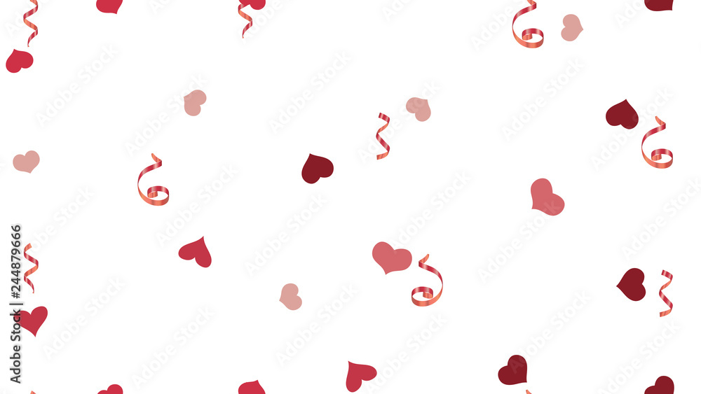 Flying Red confetti. The idea of packaging, textiles, wallpaper, banner, printing. Vector Seamless Pattern on a White fond. Stylish Pattern of Hearts and Serpentine.