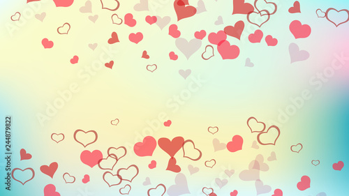 Red on Gradient fond Vector. Light background. A sample of wallpaper design, textiles, packaging, printing, holiday invitation for Valentine's Day. Red hearts of confetti crumbled.