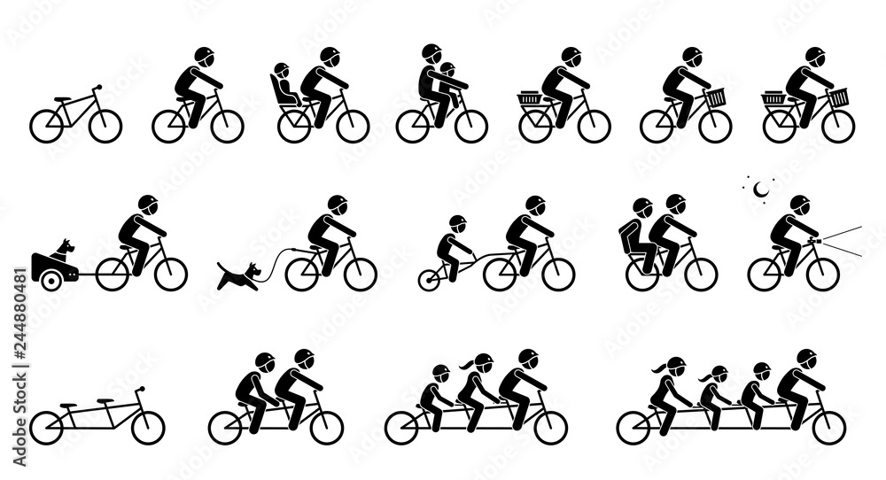Bicycle accessories and equipments. Pictograms depicts type of bicycle attachments, seats, gears, and parts for adult, child, pet dog, and family. Tandem bicycle for two, three, and four seater.