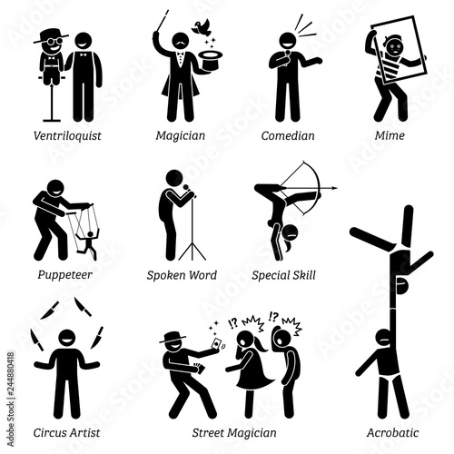 Theater stage performers, entertainers, artists, and live acts. Pictograms depict ventriloquist, magician, comedian, mime, puppeteer, spoken word, circus, street magician, and acrobatic skills.