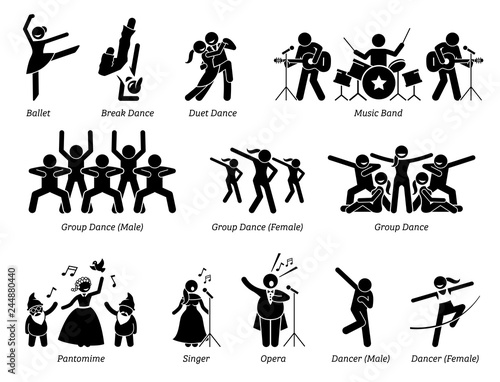 Stage performer artists for musical, dance, and theater show. Pictogram depicts ballet, dancers, music band, pantomime, and singers.