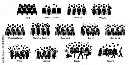 Audience, crowd, and people reactions toward stage performance. Pictograms depict spectators of live show emotions and actions such as happy, unhappy, clapping hands, surprised, bored, angry, and cry.