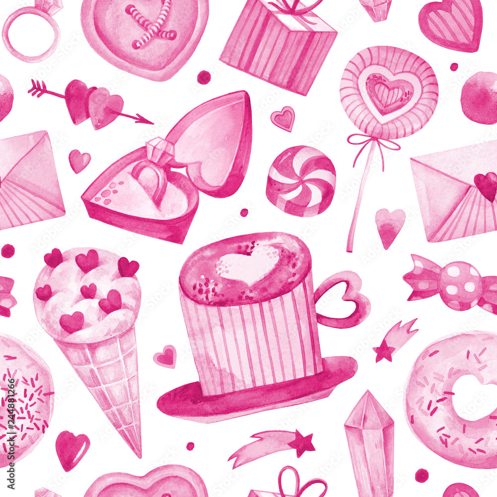 Seamless watercolor hand painted pattern on white background. Soft pink Valentine's day hearts, gem, candy, cup, donut, envelope, gift, ring. Perfectfor gift cards, collages and other design purposes Seamless watercolor hand painted pattern on white background. Soft pink Valentine's day hearts, gem, candy, cup, donut, envelope, gift, ring. Perfectfor gift cards, collages and other design purposes