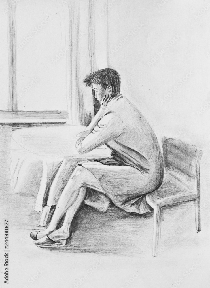 Young girl sitting at the table by the window. Pencil drawing on paper  Stock Illustration | Adobe Stock