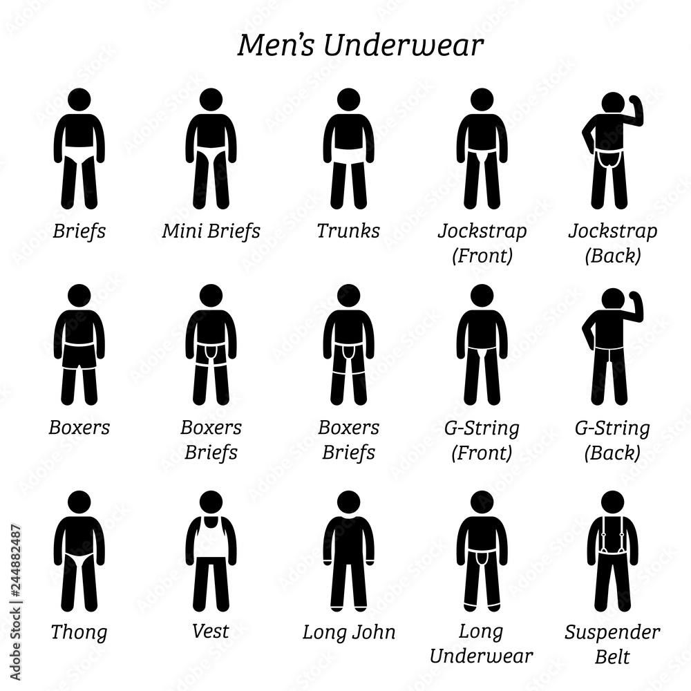 Vetor de Men underwear and undergarment. Stick figures depict a set of  different types of underwear, underpants, and undergarments. This fashion  clothings design are wear by men or male. do Stock