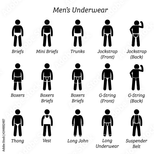 Men underwear and undergarment. Stick figures depict a set of different types of underwear, underpants, and undergarments. This fashion clothings design are wear by men or male.