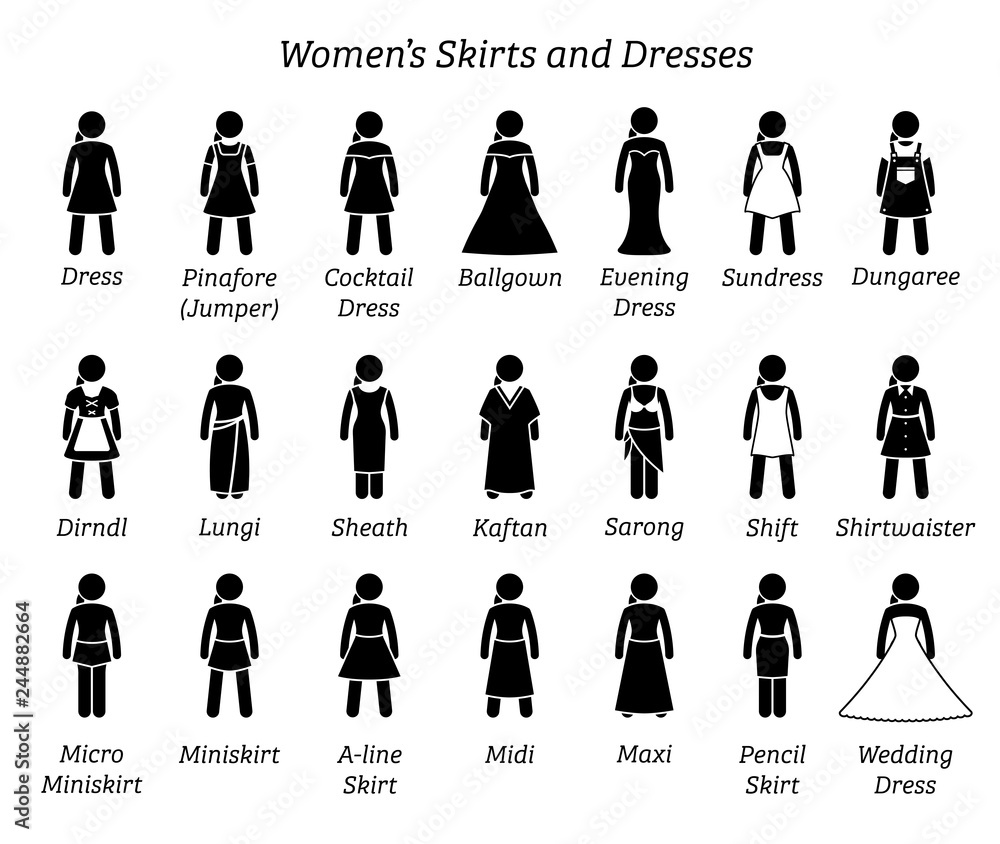 Women skirts and dresses. Stick figures depict a set of different types of  skirt and dress. This fashion clothings design are wear by woman, female,  lady, or girls. Stock Vector
