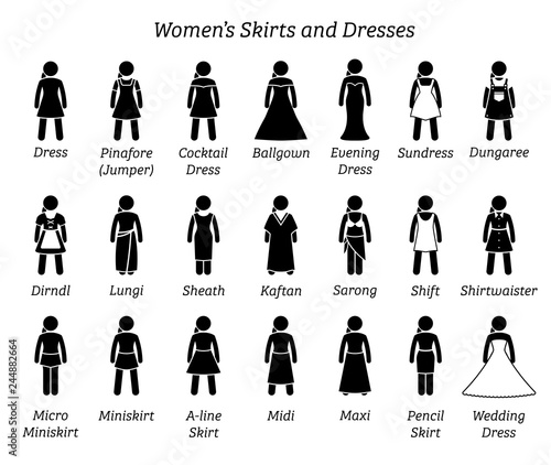 Women skirts and dresses. Stick figures depict a set of different types of  skirt and dress. This fashion clothings design are wear by woman, female,  lady, or girls. Stock Vector