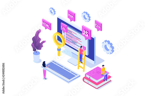 Programming Software or app development isometric concept, big data processing. Vector  illustration