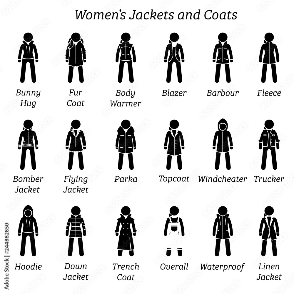 Women jackets and coats. Stick figure pictogram depicts a set of different  type of jackets and coats. This fashion clothing designs are wear by woman,  females, ladies, and girls. Stock Vector
