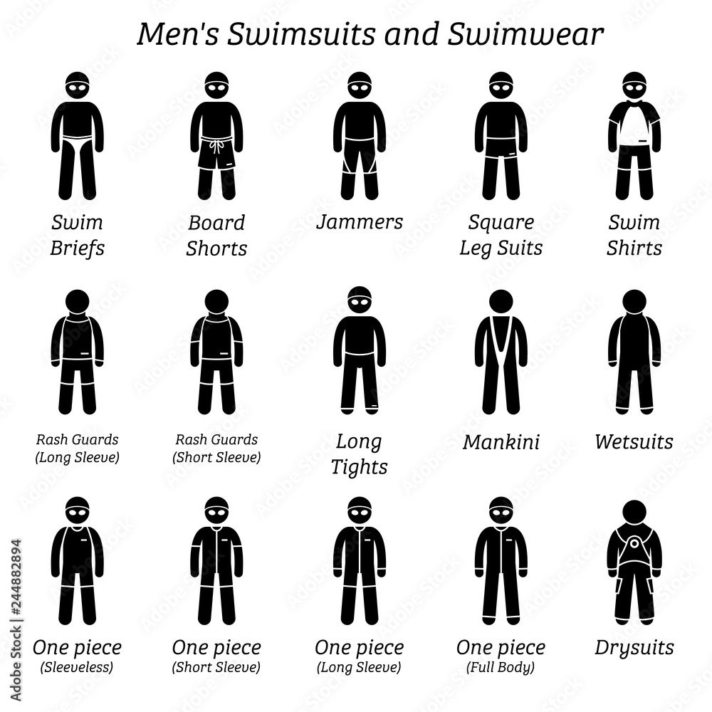 Men swimsuits and swimwear. Stick figures depict different types of  swimming suits fashion wear by man or male. Stock Vector