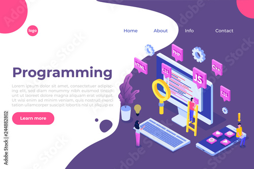 Programming Software or app development isometric concept, big data processing. Vector  illustration