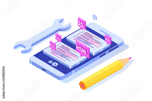 Programming Software or app development isometric concept, big data processing. Vector  illustration