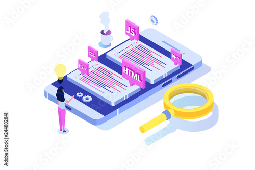 Programming Software or app development isometric concept, big data processing. Vector  illustration