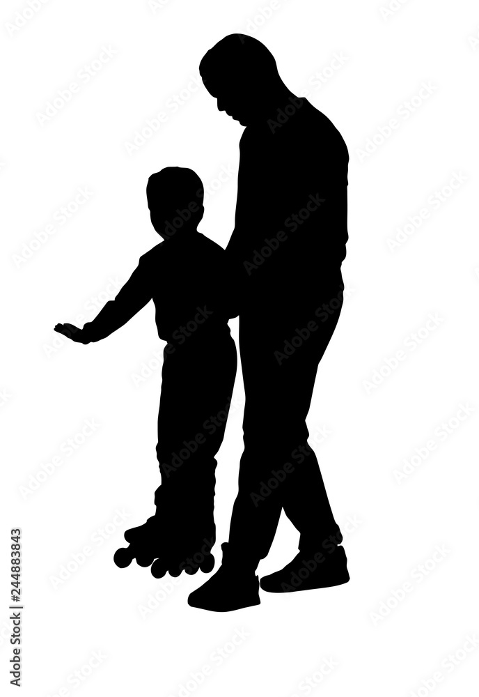 Father helps son with roller skating