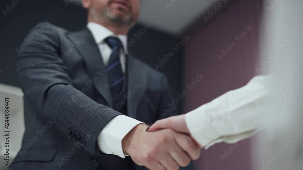 Hiring, man in a suit, a businessman shaking hands with a woman colleague, a handshake in the office. Hiring, man in a suit, a businessman shaking hands with a woman colleague, a handshake in the office.