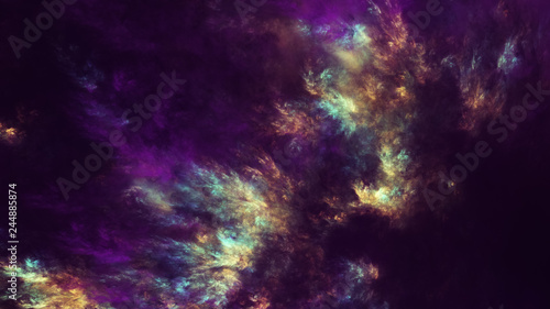 Abstract surreal deep violet and gold dramatic clouds. Expressive colorful texture. Fractal background. Digital art. 3d rendering.