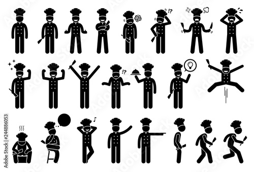 Chef basic poses, feelings, actions, and emotions. Stick figures shows the chef or cook is feeling happy, sad, angry, and successful. Other actions include standing up, sitting, walking, and running.