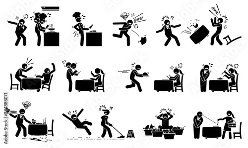 Chaotic restaurant and busy workers. The restaurant is understaffed and the employees are overworked. Customers are unhappy and complain about the food and services. The chef and waiter are too busy.