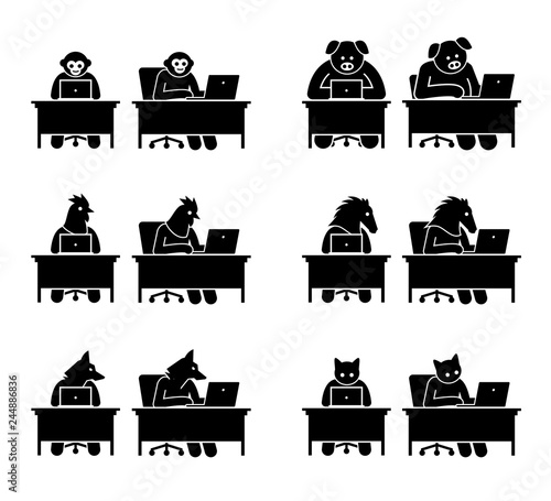 Different type of animals using computer to surf the Internet. Icons depict monkey, pig, chicken, horse, wolf, and cat working on a laptop and go online.