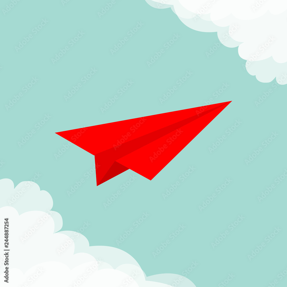 Flying origami red paper plane. Cloud in corners frame. Transportation collection. Love greeting card Typographical blue sky background. Flat design Flying origami red paper plane. Cloud in corners frame. Transportation collection. Love greeting card Typographical blue sky background. Flat design