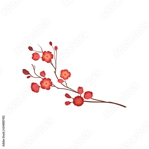 Blossom twig with bright red flowers. Branch of flowering plum tree. Nature theme. Detailed flat vector icon