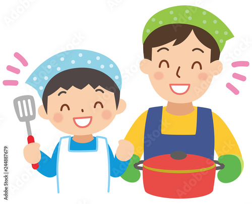 料理するお父さんと男の子
