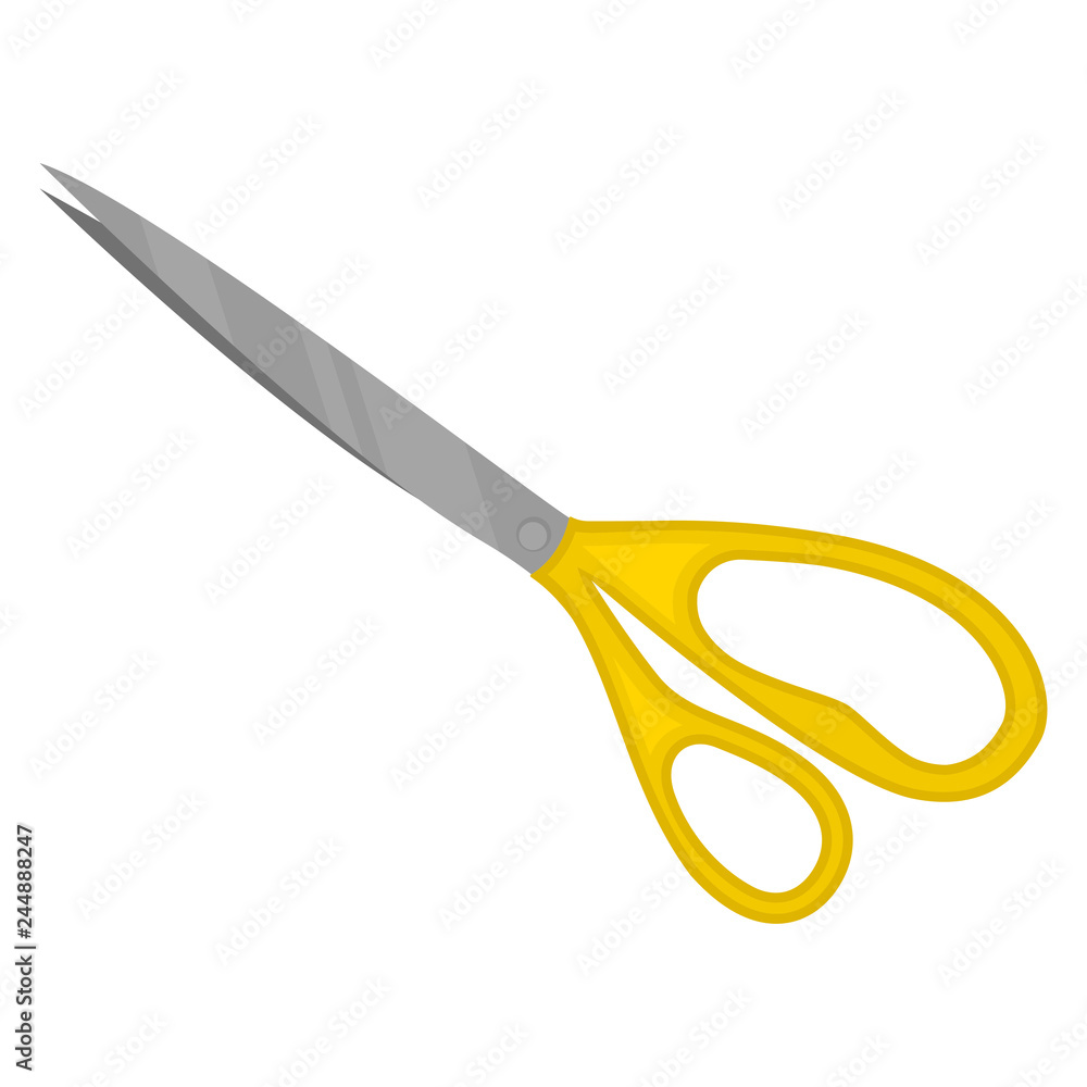 Flat vector icon of large stationery scissors. Instrument with two long sharp blades and bright yellow handles Flat vector icon of large stationery scissors. Instrument with two long sharp blades and bright yellow handles