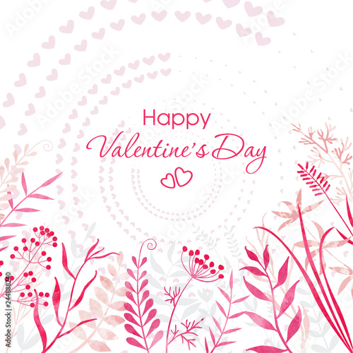 Happy Valentine's Day. Delicate background of flowers, leaves, twigs, herbs. Circle of hearts. Template for a holiday card.