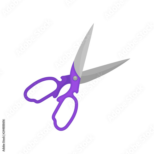 Scissors with purple plastic handles and sharp metal blades. Large steel shears. Cutting instrument. Flat vector icon