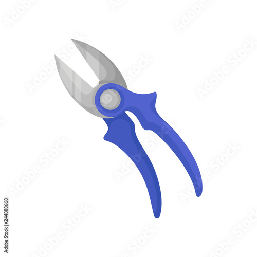 Flat vector icon of pruning shears with sharp metal blades and bright blue rubber handles. Garden instrument