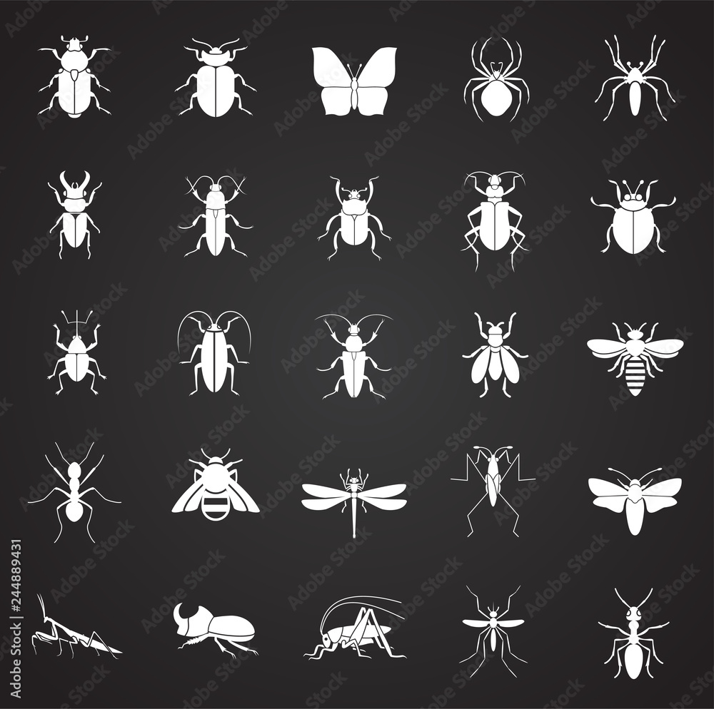 Fototapeta premium Insects icons set on black background for graphic and web design, Modern simple vector sign. Internet concept. Trendy symbol for website design web button or mobile app
