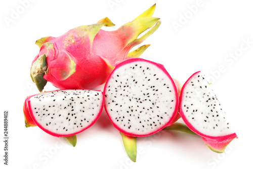 Ripe pink dragon fruit on white background