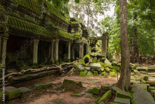 Temple colonnade and fallen rocks in forest