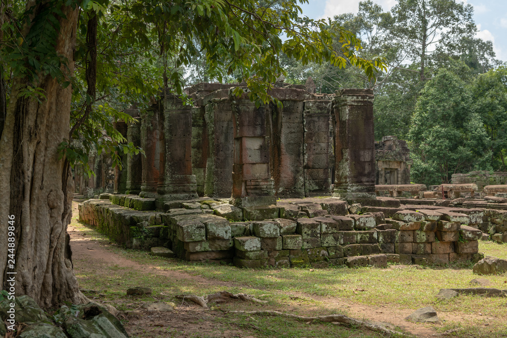 Ruins of old stone temple in forest