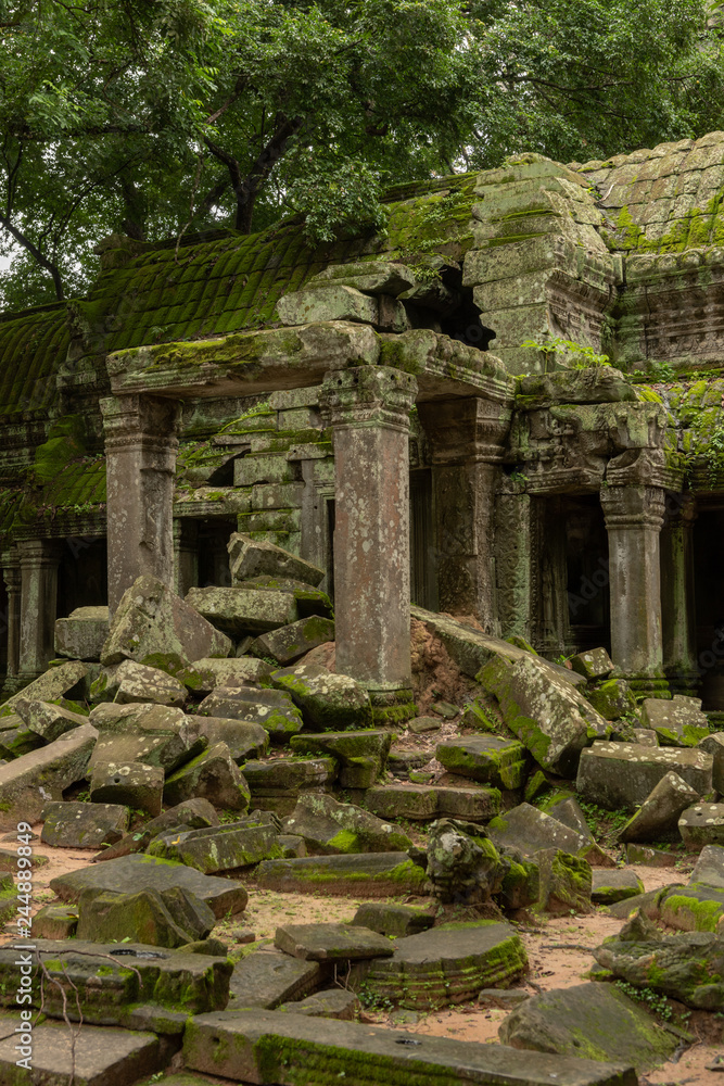 Ruined temple portico blocked by fallen rocks Ruined temple portico blocked by fallen rocks