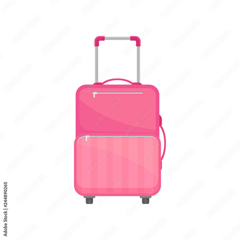 Flat vector icon of bright pink female suitcase on wheels. Cloth travel bag  with metal handle and zippered pockets Stock Vector | Adobe Stock
