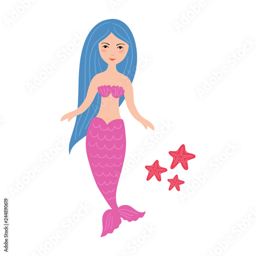 Hand drawn cute little mermaid girl with starfishes. 