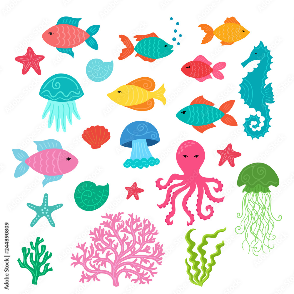 Set of hand drawn cute sea animals: starfish, seahorse, jellyfishes, fishes, shells, coral, algae, octopus. Set of hand drawn cute sea animals: starfish, seahorse, jellyfishes, fishes, shells, coral, algae, octopus.