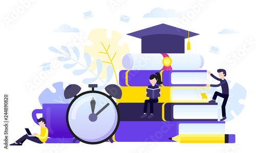 Education, online education, study, passing exams, graduation concept. People study and getting a diploma. Vector illustration with tiny characters for web site, landing page, banner, infographic.