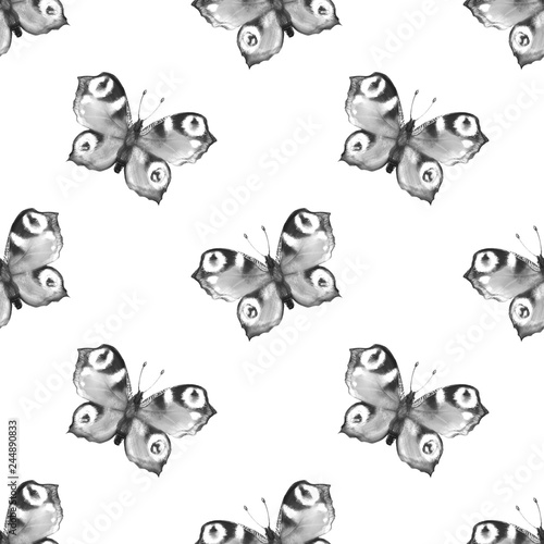Seamless black and white pattern with butterflies. Artistic background