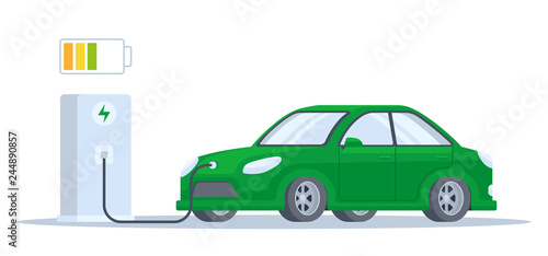Electric car charging process. Flat vector illustration isolated on white. Charging for electric cars concept. Environmental friendly cars.