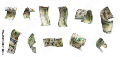 Collection of flying banknotes of hundred dollars. View from different angles.