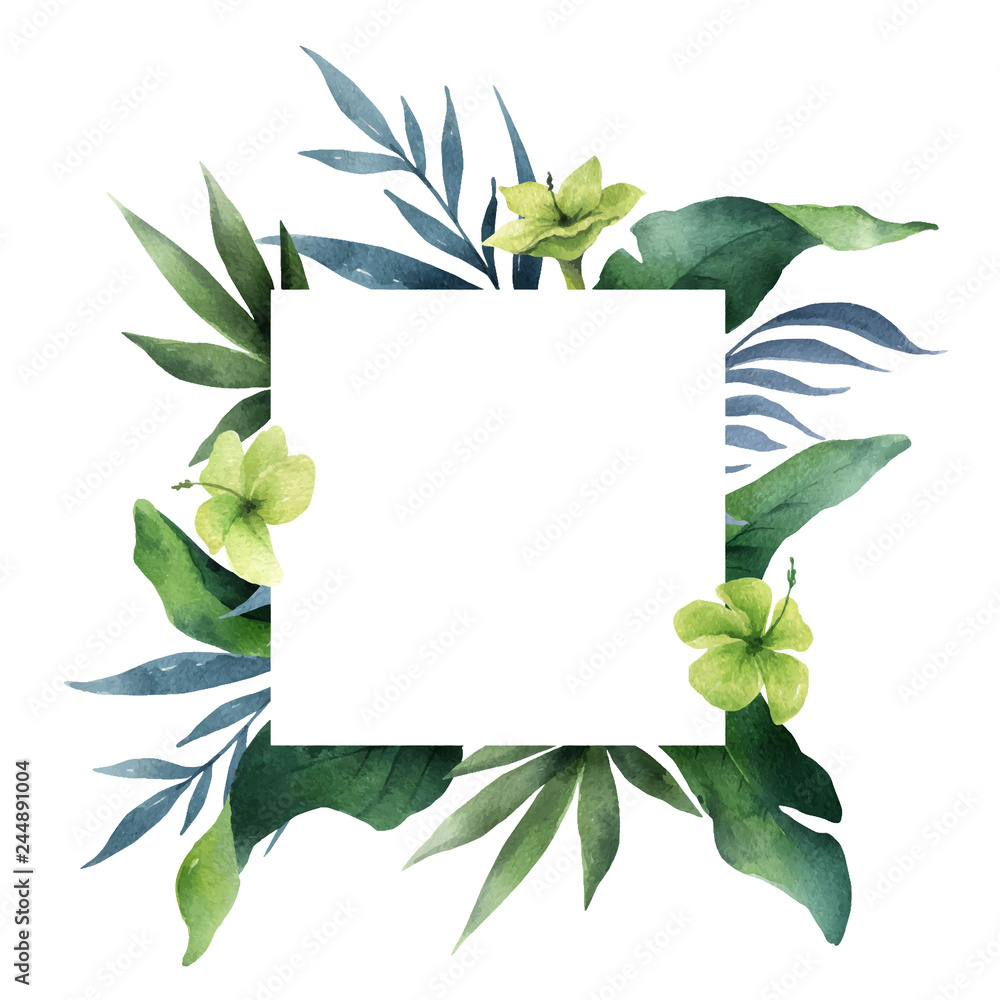 Watercolor vector green card tropical leaves and flowers isolated on white background.