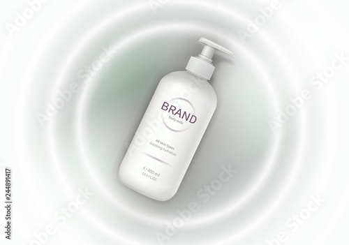 Cosmetic realistic vector background with cream. Skin care cosmetics, body lotion in white plastic bottle with dispenser fall into milk waves. Mock-up promo banner, advertising poster template