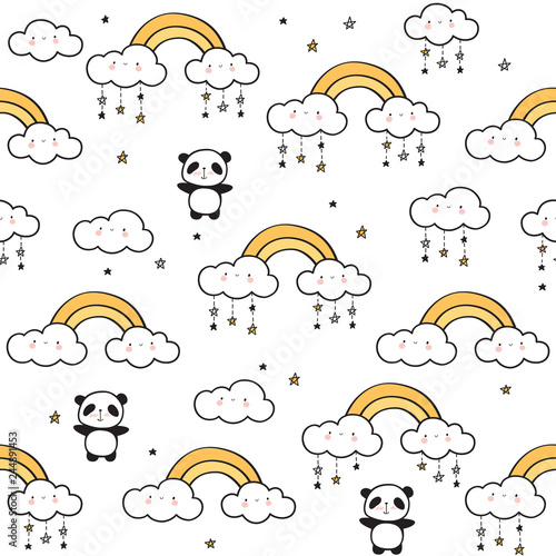 Seamless pattern with cute pandas, gold rainbows, funny clouds and stars for children's textiles, wallpapers, gift wraps and scrapbook. Vector.