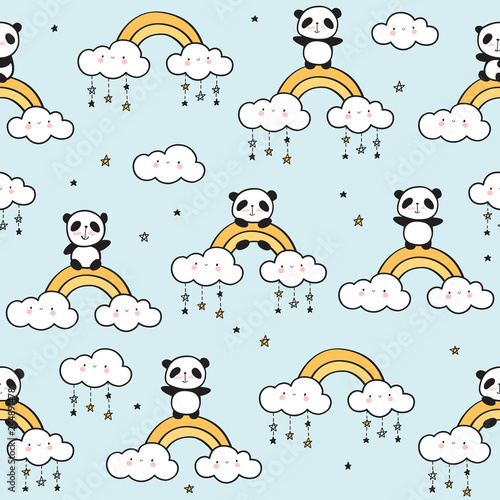 Fototapeta Naklejka Na Ścianę i Meble -  Seamless pattern with cute pandas, gold rainbows, funny clouds and stars for children's textiles, wallpapers, gift wraps and scrapbook. Vector.