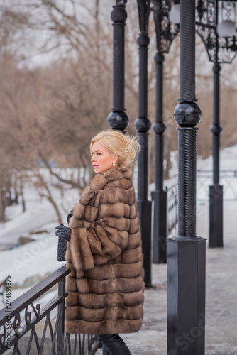 Nice elegant lady in fur coat at nature, autumn - winter season time, woman with attractive appearance 