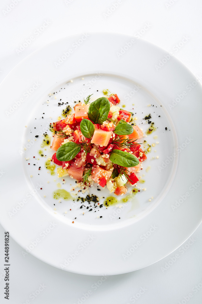 Restaurant Starter Menu with Raw Salted Salmon Slices Restaurant Starter Menu with Raw Salted Salmon Slices