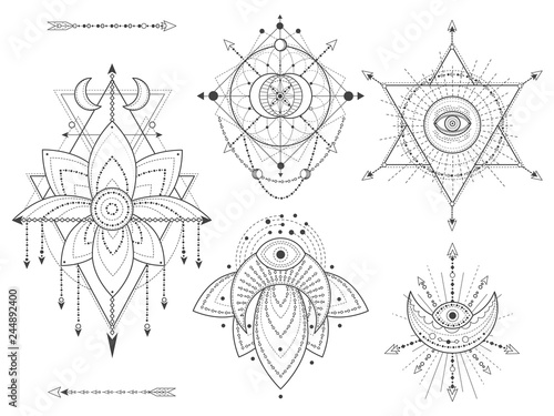 Vector set of Sacred geometric and natural symbols on white background. Abstract mystic signs collection.